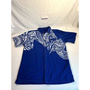 Tanoa Samoa Button Down Shirt Mens XL Blue White Beach Button Up Shirt